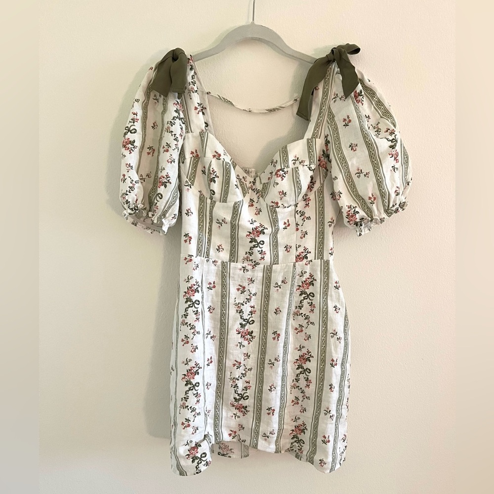 Reformation Green Pink Floral Mini Dress Puff Sleeves